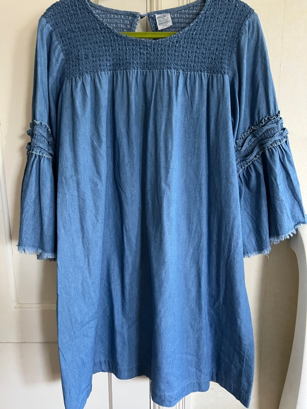 Chambray  Smocked Yoke Bell Sleeve dress
